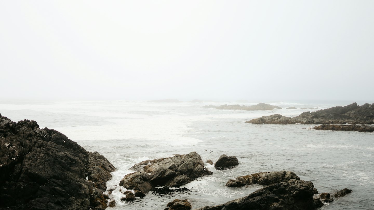 Misty, rocky coastline with waves crashing on dark rocks.