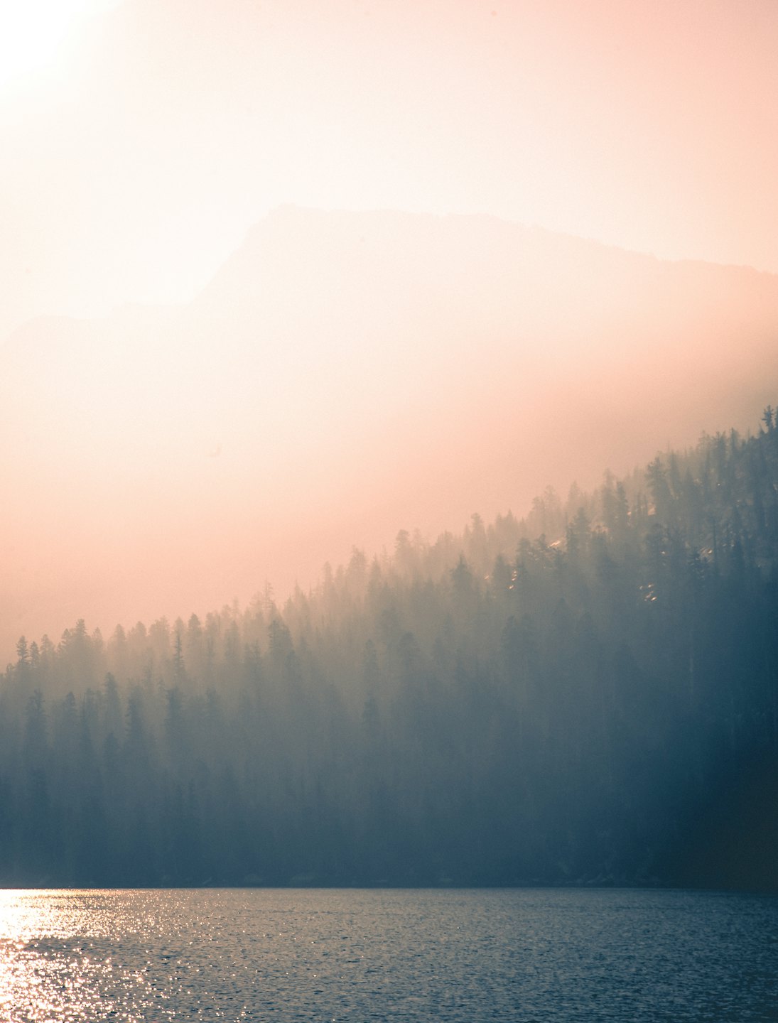 Sunlight reflects off a lake before a misty forest and mountains.
